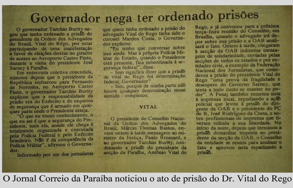 O Jornal Correio da Paraíba noticiou o ato de prisão do Dr. Vital do Rego.