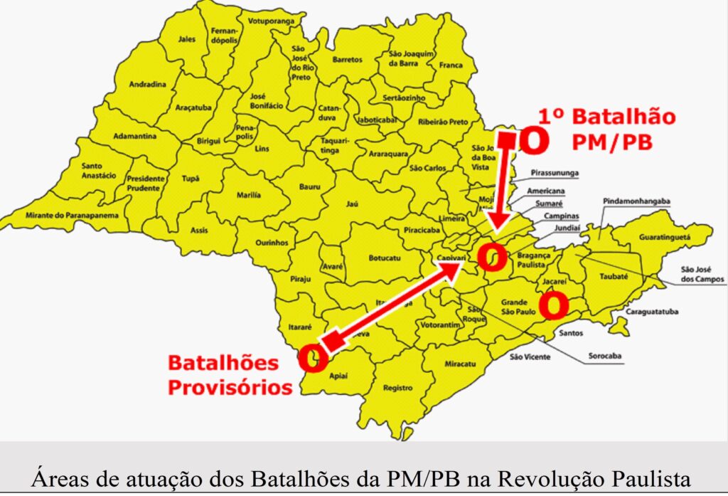 Áreas de atuação da PMPB na Revolução Paulista