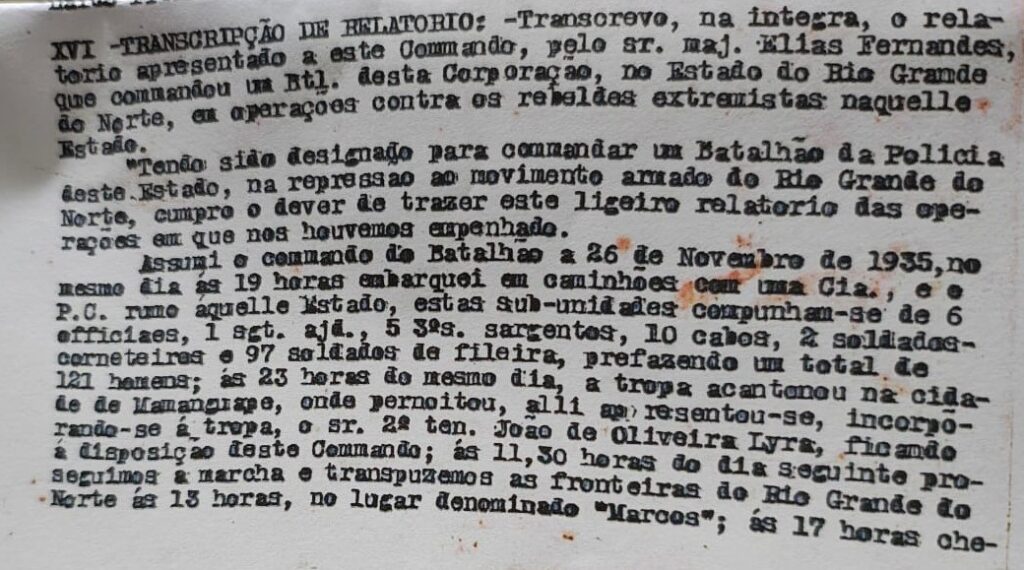 Relatório do Major Elias Fernandes sobre a missão da PMPB em Natal na repressão à Intentona Comunista