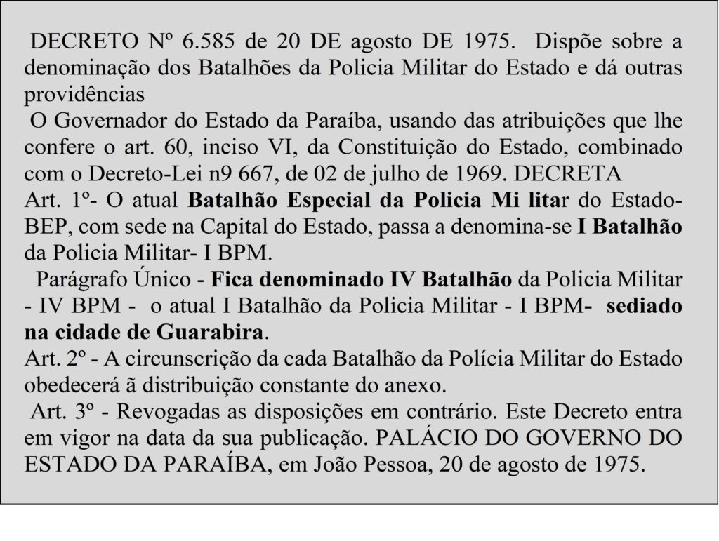 Decreto que mudou a denominação dos Batalhões na PMPB

