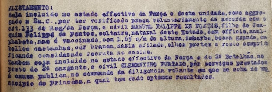 Boletim da Força Pública que insluiu   Clementino José  Furtado, o Sargento que foi cangaceiro