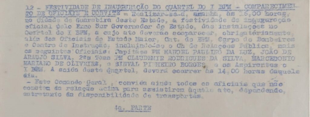 Convite do Comandante para a inauguração do Quartel de Guarabira, sede de um Batalhão Centenário